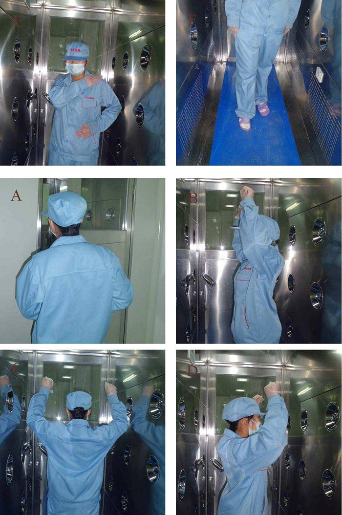 進入風淋室風淋結束后，風淋結束后應及時脫下防護服和鞋帽，并按照規(guī)定進行廢棄或清洗。